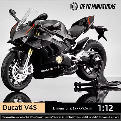 Miniatura Ducati Panigale V4 S 2020 Preto 1:12 Efeito de Luz e Som - 17 cm