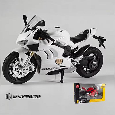 Miniatura Ducati Panigale V4 S Branco Huayi 1:12 Acende Farol ( 17 cm)