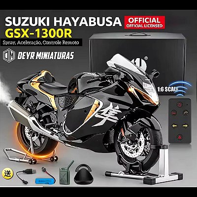 Miniatura Suzuki Hayabusa Preto 2023 Escala 1:6 (36 cm) - Spray, Aceleração, Controle Remoto