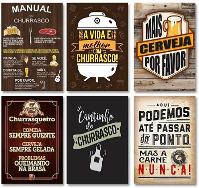 Kit 6 Placas Decorativas Churrasco 20x30cm