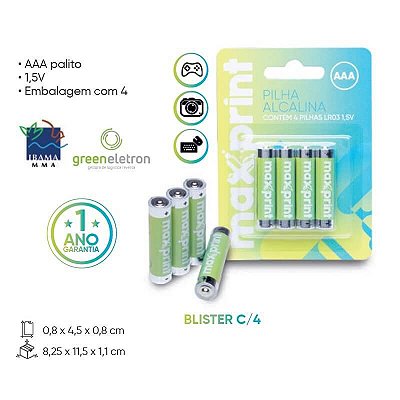 Pilha Alcalina AAA (Palito) Maxprint LR03 Kit com 4 pilhas (Blister)