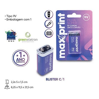 Bateria 9V Comum de Zinco Carvão blister 1 unidade - Pilha Super Maxprint