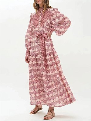 Vestido midi manga longa estampa rosada faixa