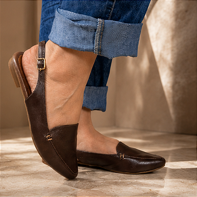 Sapatilha Slingback Amo em Couro Marrom