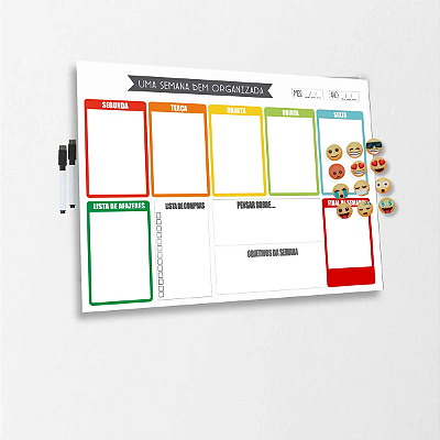 Quadro Lousa Planejador Semanal - Planner Branco/Colorido