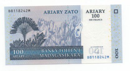 Cédula Madagascar 100 Ariary ( 500 Francs )