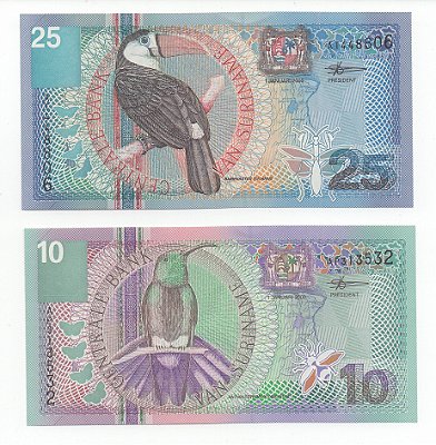 2 Cédulas do Suriname - 10 e 25 Gulden