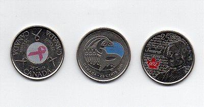 3 Moedas Coloridas do Canada - 25 Cents