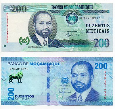 2 Cédulas de Moçambique de 200 Meticais - antiga e atual MBC E S