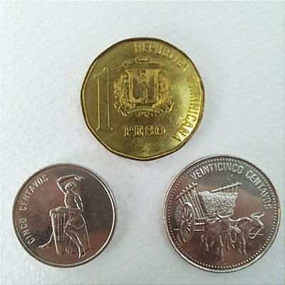3 Moedas da República Dominicana - 5, 25 Centavos e 1 Peso