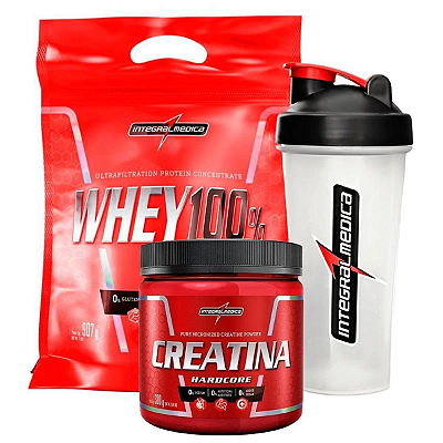 COMBO: Creatina Hardcore IM 300g + Whey 100% Puro sabor Baunilha pouch 907g - INTEGRALMEDICA+Coqueteleira 1 dose Integralmedica