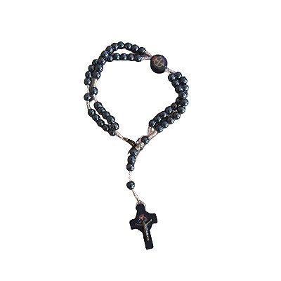 Terço Pulso Pedra Hematita Madeira Resinada Medalha Prata