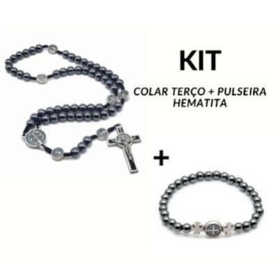 Kit Terço + Pulseira medalha de São Bento Hematita