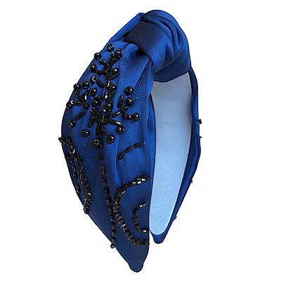 Turbante de Cetim Azul Bordado Flor