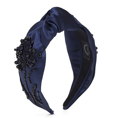 Turbante de Cetim Azul Marinho Bordado Flor