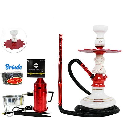 Narguile Amazon Prime Onix Vermelho/Branco Kit - Vaso Aladin