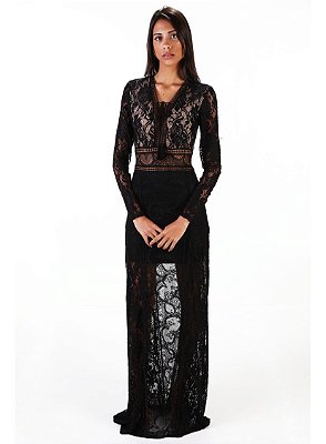 VESTIDO LONGO CREPE E RENDA TRANSPARENCIA PRETO