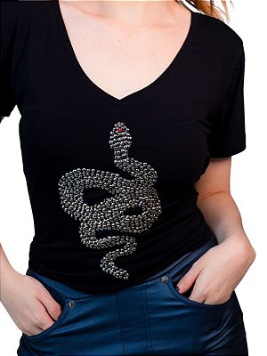 Tshirt Feminina Decote V Preto Serpente