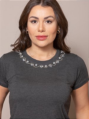 Tshirt Feminina Decote Redondo Cinza Chumbo Ariel