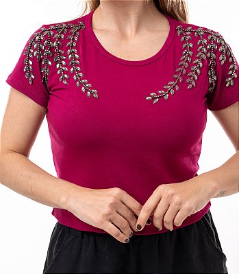 Tshirt Feminina Decote Redondo Magenta Bia