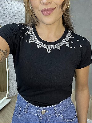 Tshirt Feminina Decote Redondo Preta Lorraine