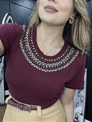 Tshirt Feminina Decote Redondo Vinho Odila