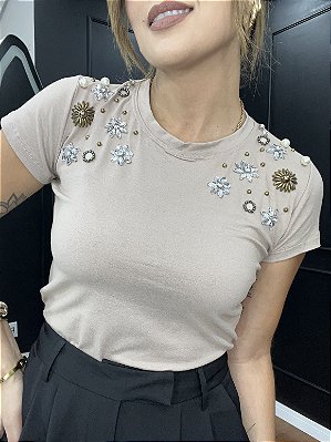 Tshirt Feminina Decote Redondo Bege Stella