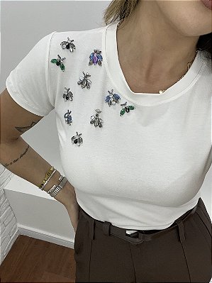 Tshirt Feminina Decote Redondo Off White Insetos