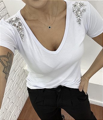Tshirt Feminina Decote V Branca Sarah