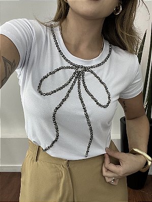 Tshirt Feminina Decote Redondo Branca Laço Tatá