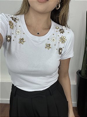 Tshirt Feminina Decote Redondo Branca Stella