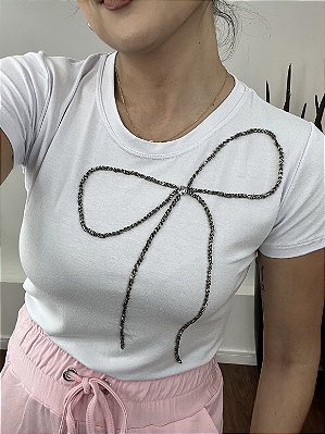 Tshirt Feminina Redondo Branca Laço Strass