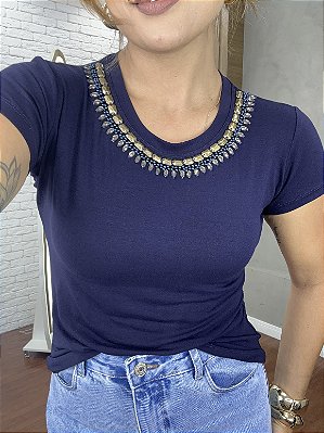 Tshirt Feminina Decote Redondo Marinho Diana
