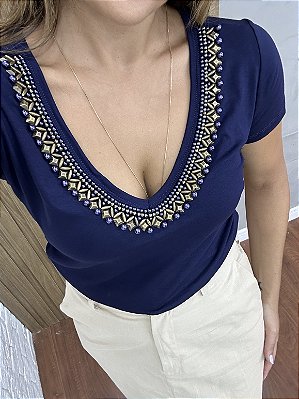 Tshirt Feminina Decote V Marinho Neiva