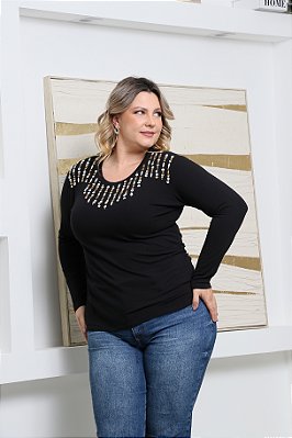 Blusa Manga Longa Decote Redondo Preto Gall