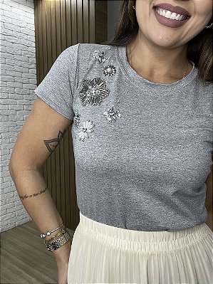 Tshirt Feminina Decote Redondo Cinza Mescla Aurea