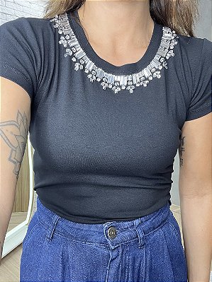 Tshirt Feminina Decote Redondo Preta Dalva