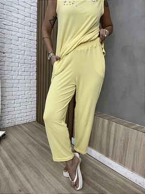 Calça Reta Barra Dobrada Amarelo