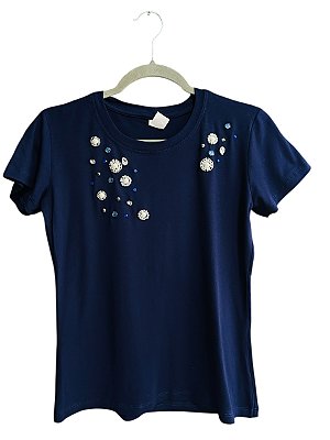 Tshirt Feminina Decote Redondo Azul Marinho Clarice