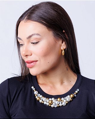 Tshrit Feminina Decote Redondo Preta Ally com pérola dourada