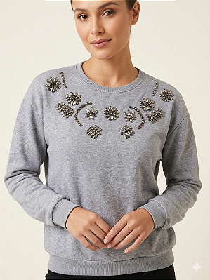 Moletom Feminino Cinza Mescla Constelação Floral