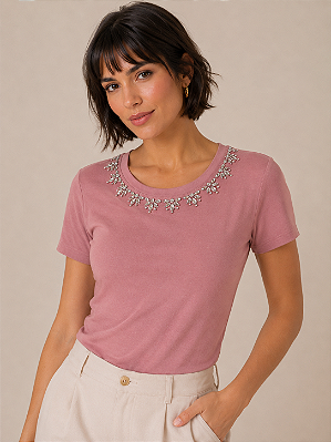 Tshirt Feminina Decote Redondo Rosé Carmem