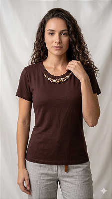 Tshirt Feminina Decote Redondo Marrom Ally