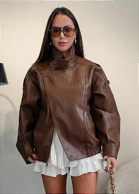 Jaqueta Oversized com Gola em Couro PU Premium