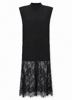 Vestido Midi Canelado sem Mangas Modelo Reto com Renda Chantilly