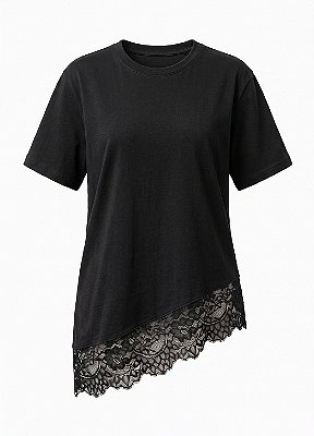 Camiseta Baby Assimétrica Renda Chantilly