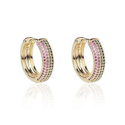 Brinco Argola De Zirconias Multicor, banhado a ouro 18k