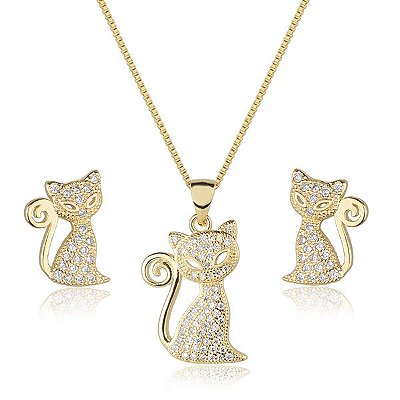 Conjunto de Colar e Brincos Gatinhos - Semijóias Banhadas em Ouro 18K