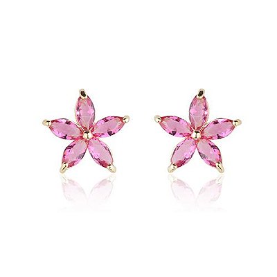 Brinco Flôr 5 Pétalas Pedras Pink Zircônia