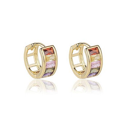 Brinco Argolinha Com Zirconias Multicor, Banhado a ouro 18 k